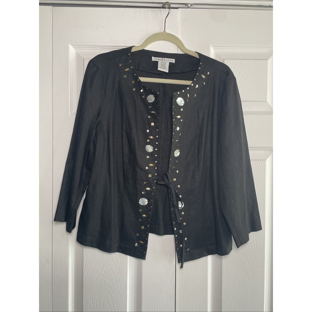 Versailles Embellished Linen Jacket Womens Size 12 Black Sequin Shell Tie Front